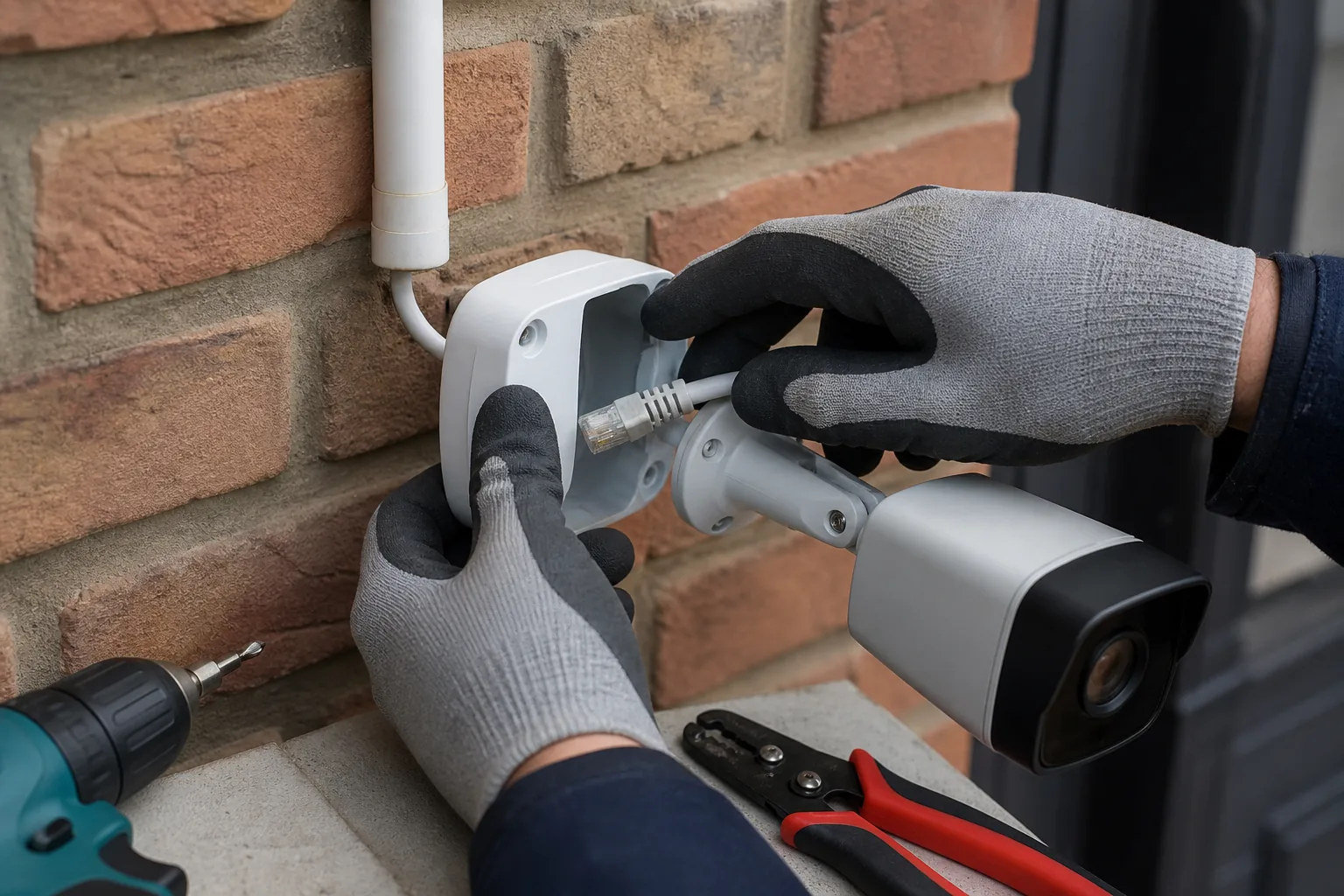 Close-up van ethernetbekabeling en camera-aansluiting