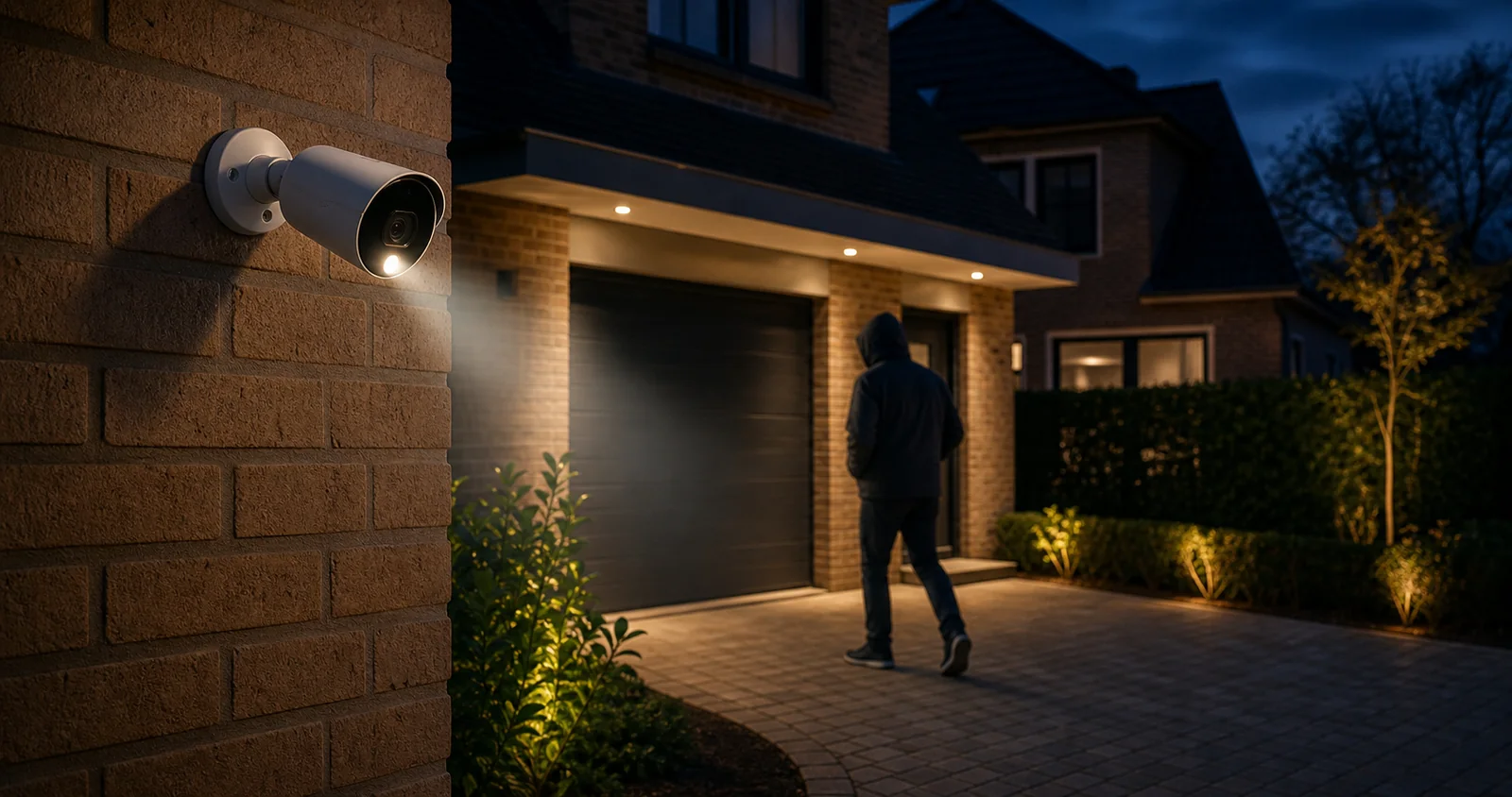 Buitencamera bij een woning met een persoon op de oprit in de avond